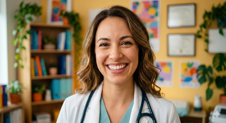 Médecin souriante utilisant SuperDr Copilot