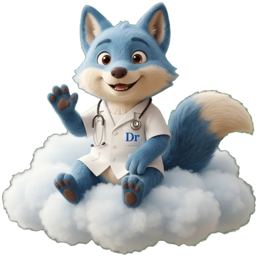 Gusty, la mascotte nuage de SuperDr, lève la main pour inviter à écrire à l'équipe.