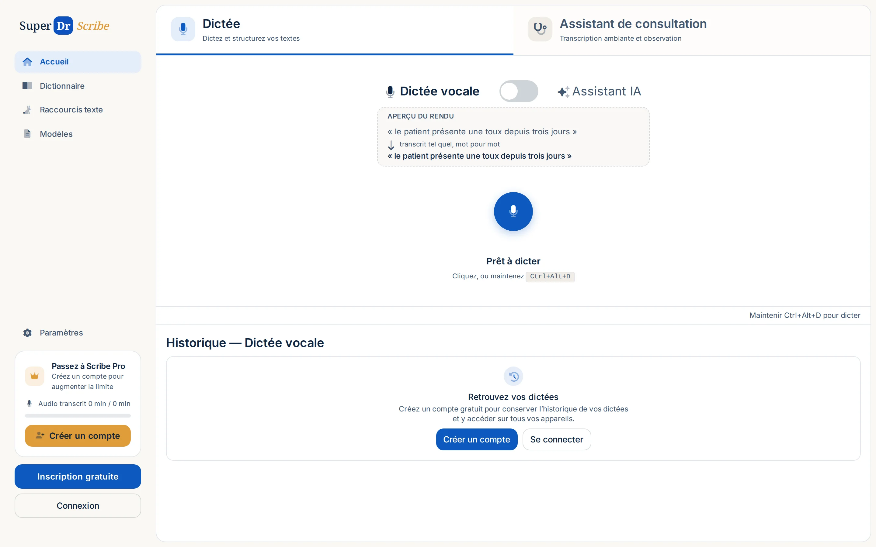Accueil de SuperDr Scribe : bascule Dictée vocale / Assistant IA, bouton Prêt à dicter, SpeechMike détecté